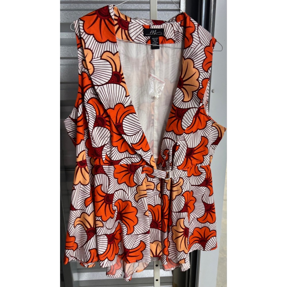 Midnight Velvet Orange Floral Sleeveless Peplum Wrap Top 2X Cotton Shawl Collar